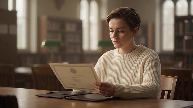 Young Woman Placing Her University Diploma Into a Leather Folder