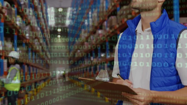 Animazione di elaborazione dati su uomo che scrive su un blocco appunti in magazzino