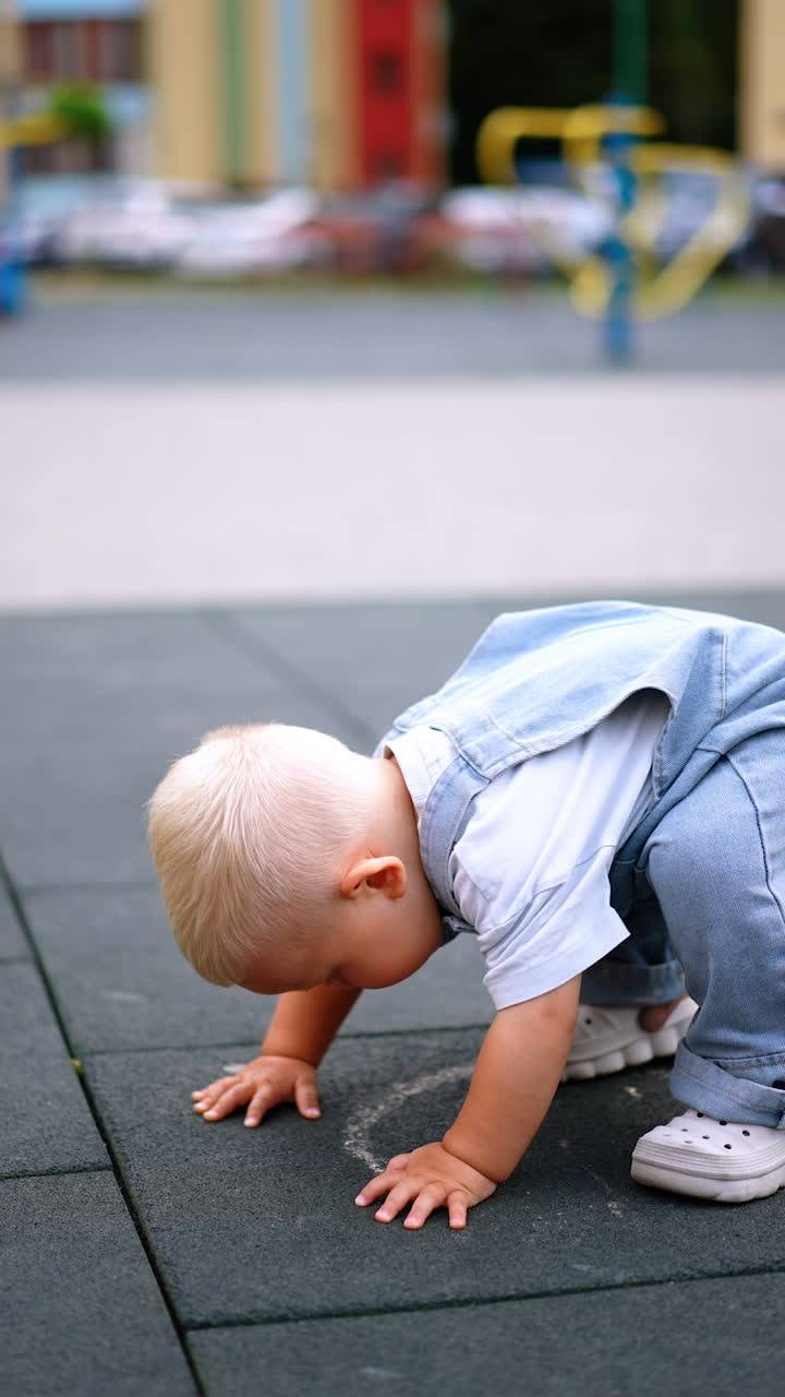 Beautiful Caucasian baby boy sits on the ground outdoors. Cute blond child in jeans romper stands up. Vertical video.