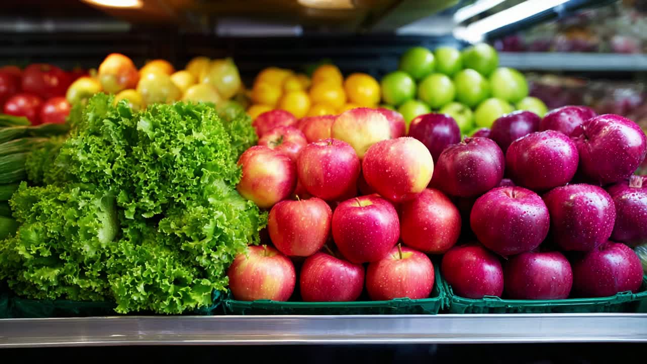 Una vivace esposizione di prodotti freschi in un negozio di alimentari, con croccante lattuga verde, succose mele rosse e un assortimento di frutta colorata disposta ordinatamente sugli scaffali, che invita i clienti a scoprire scelte salutari