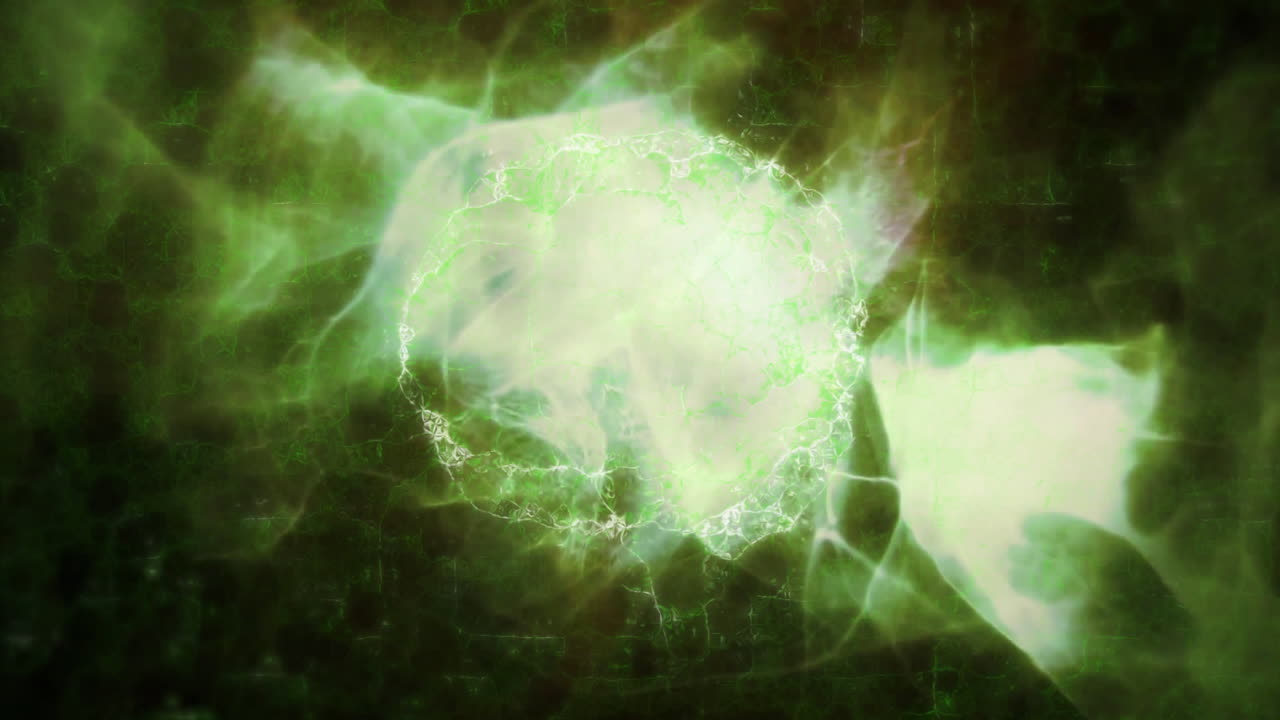 Glowing green energy sphere with swirling abstract animation patterns