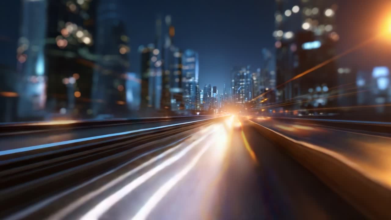 Vista notturna dinamica di un paesaggio urbano con luci sfocate, che mostra la vita urbana e il movimento in un ambiente frenetico
