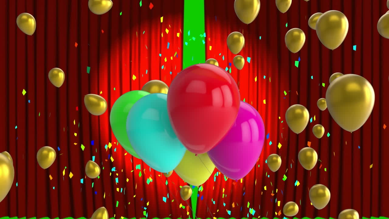 animación de globos multicolores y confeti sobre cortinas rojas contra un fondo verde.