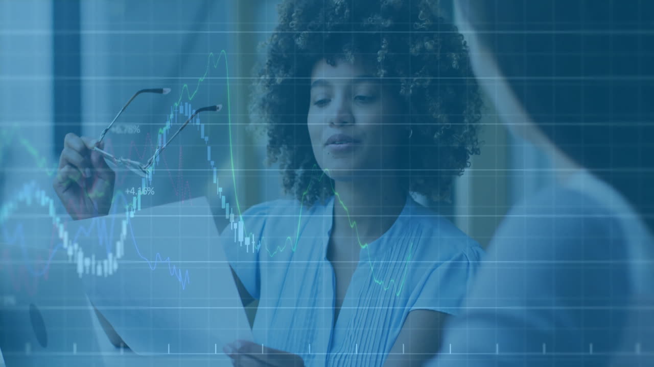 Animation of financial data processing over diverse business people in office