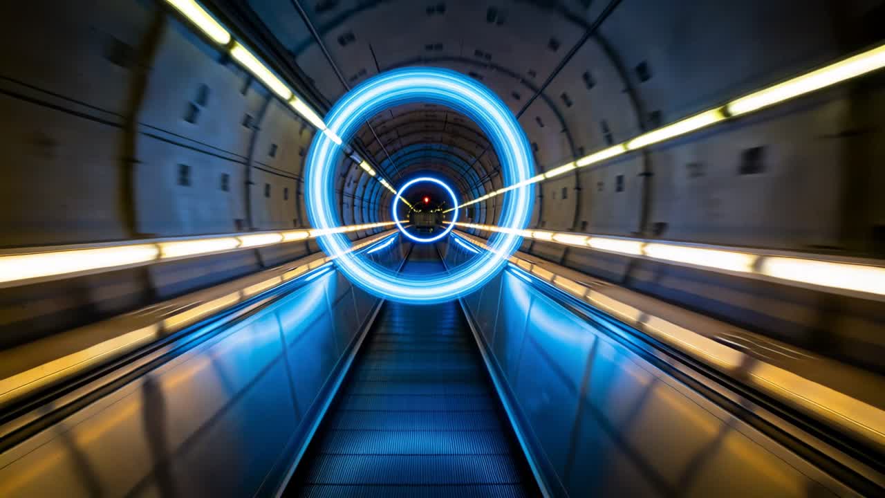 Telecamera che avanza verso un anello blu in un tunnel sotterraneo, mostrando un tapis roulant e l'anello.