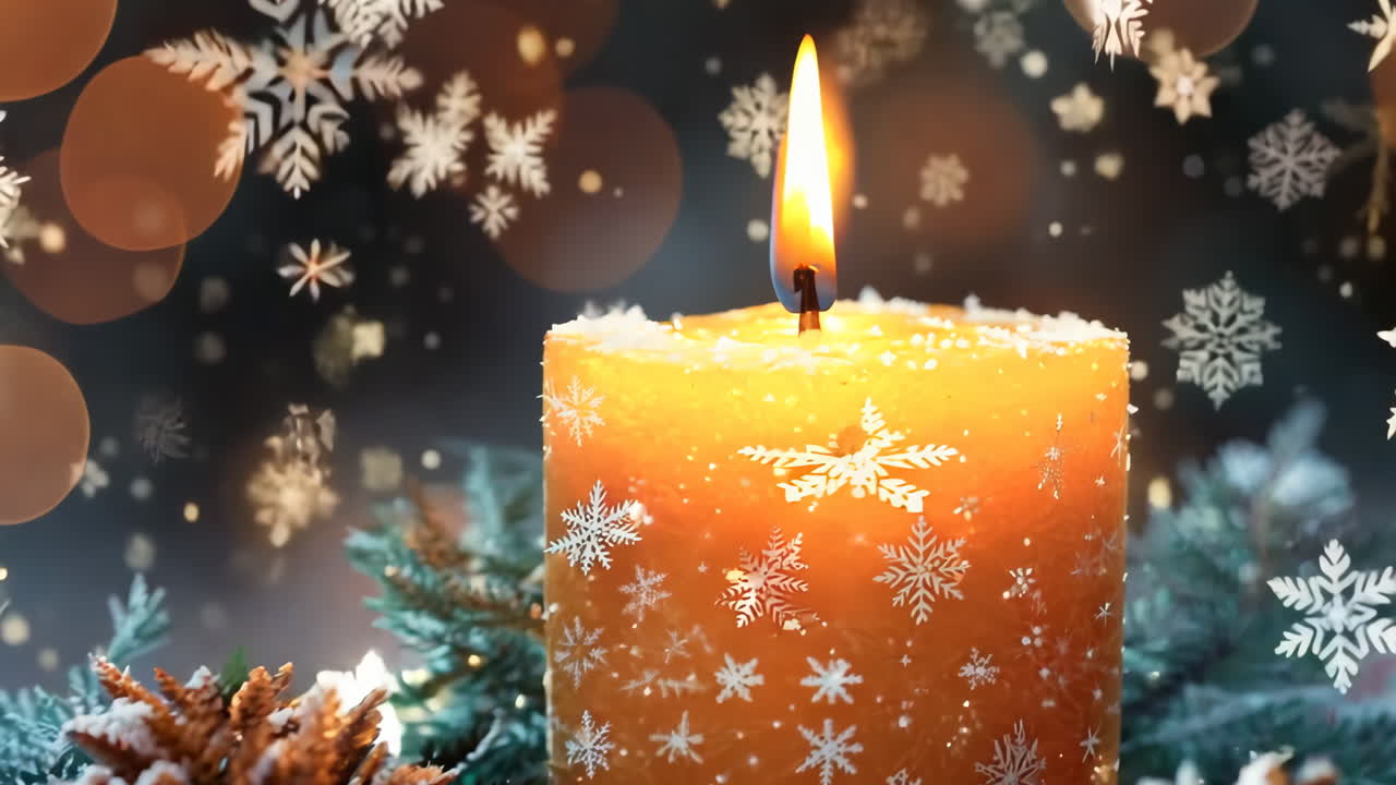 A candle is lit on a table with pine cones and snow. The scene is warm and cozy, with the candle providing a soft glow that contrasts with the cold, snowy background