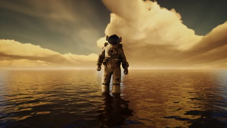 Spaceman-in-the-sea-under-clouds-at-sunset