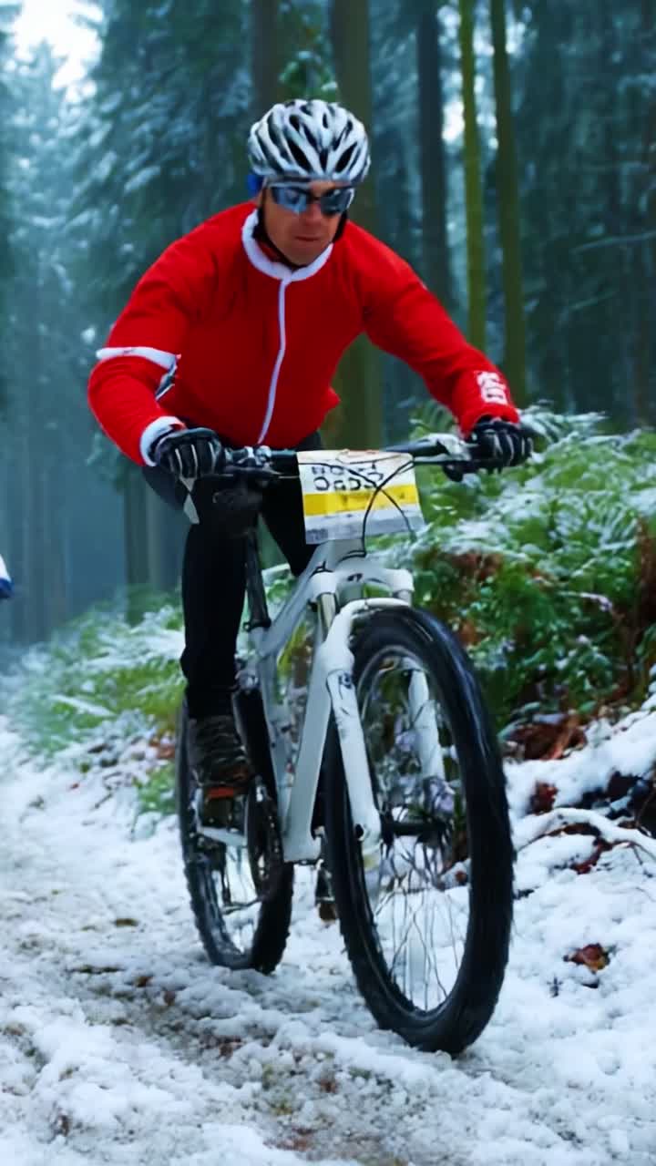 An Enthusiastic Cyclist in a Red Jacket Navigates Through a Snow-Covered Trail Surrounded by Lush Forests, Demonstrating Skills and Resilience in Winter Cycling Conditions