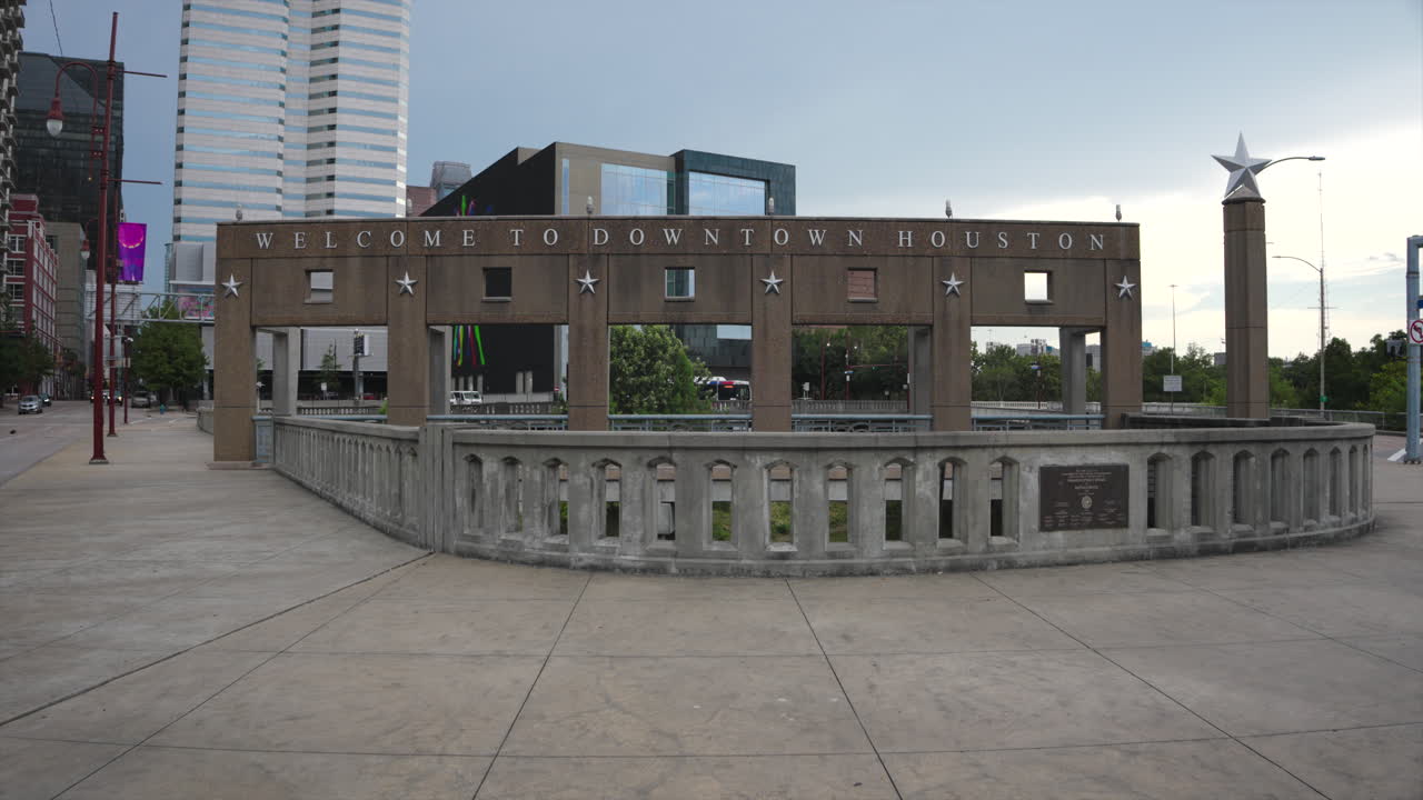 Establishing shot of the 'Welcome to Houston' Sign in downtown Houston, Texas