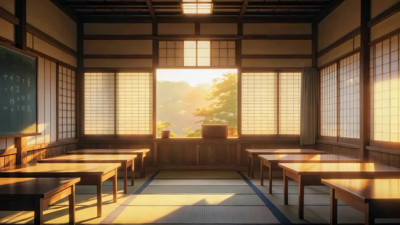 Empty Traditional Japanese Classroom bathed in Sunlight