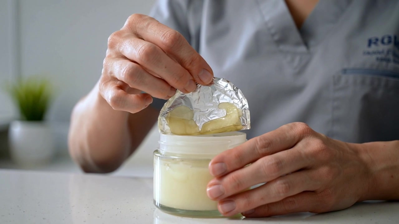Pinching foil, woman in gray scrubs peeling seal from glass jar at kitchen counter, revealing cream