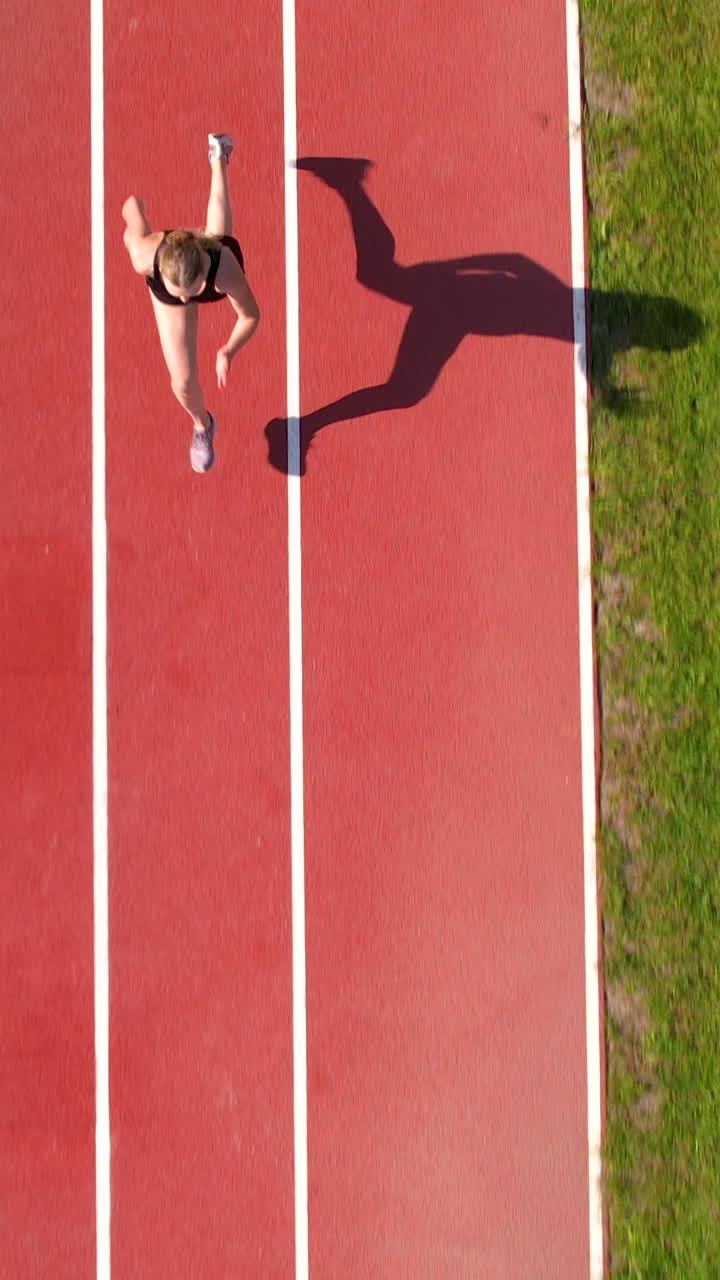 Vista a volo d'uccello di un'atleta che scatta su una pista di atletica rossa in uno stadio durante una giornata di sole. Perfetto per contenuti di sport, fitness e motivazione