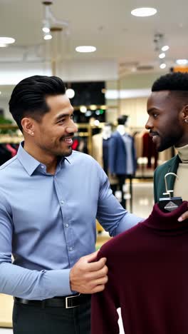 diverse men shopping for clothes in boutique