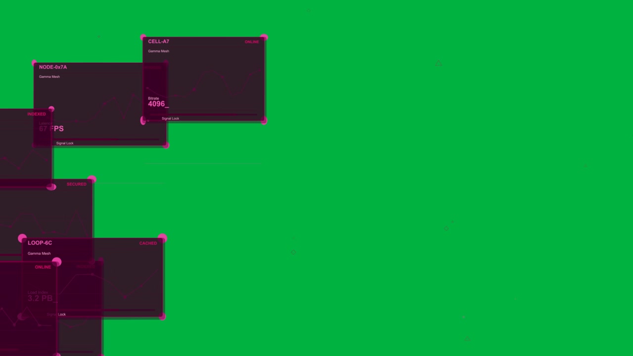 Sequenza in avvio, HUD magenta che scorrono da sinistra, impilandosi, mostrando dati su sfondo trasparente.