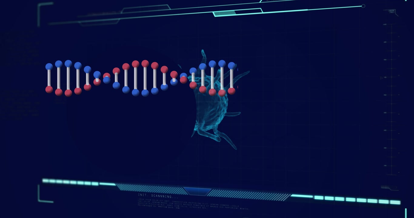 Animation of dna strand over data processing with virus cell on black background