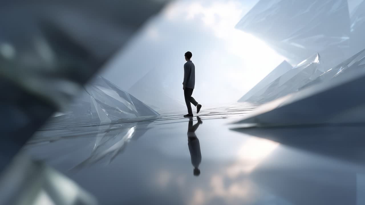 A solitary figure walks through a surreal landscape of reflective crystals, capturing the essence of introspection and the beauty of solitude in a dreamlike environment