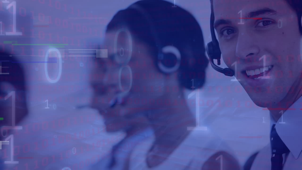 Animation of interference and binary coding over diverse business people wearing phone headsets