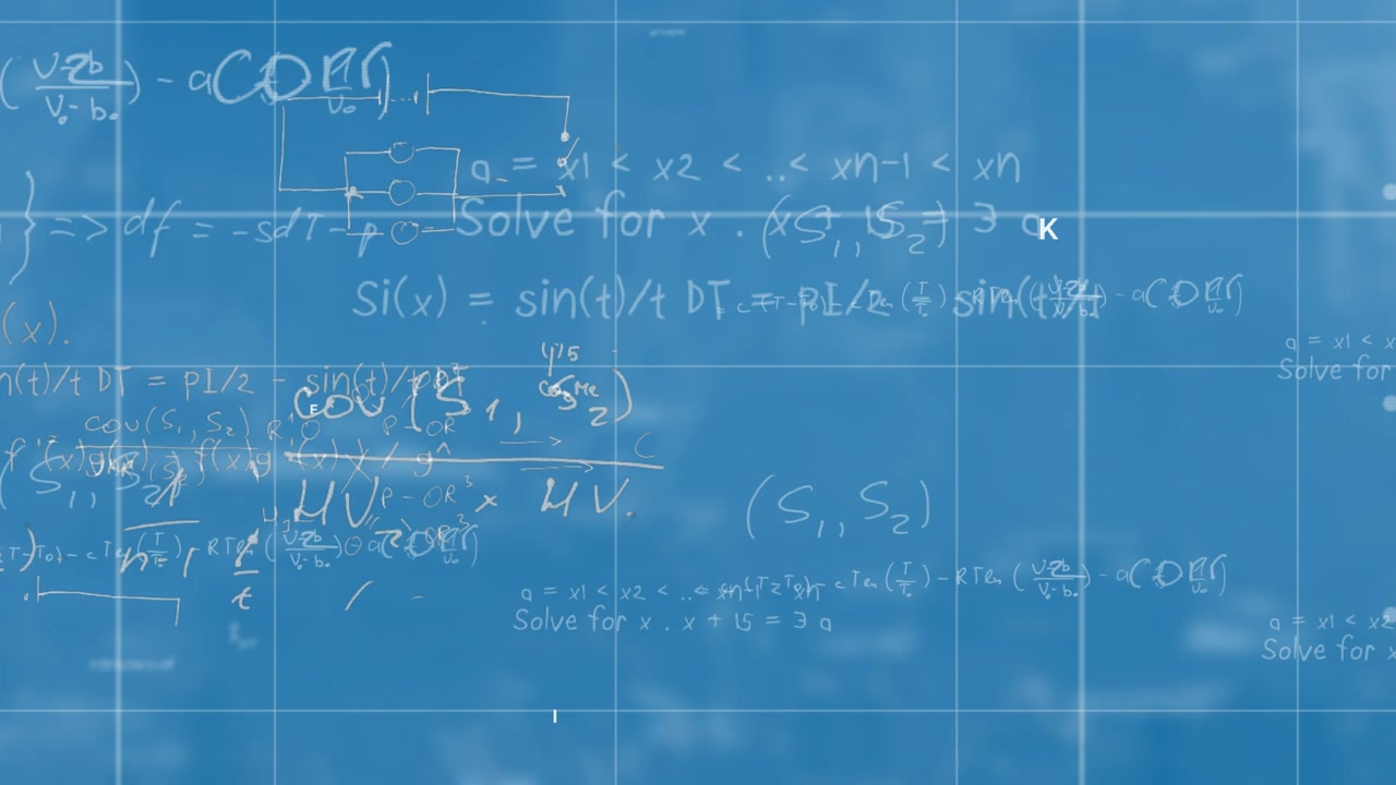 Griglia di progetto che si riempie, con lettere ed equazioni che si spostano e illustrano una sovrapposizione schematica.
