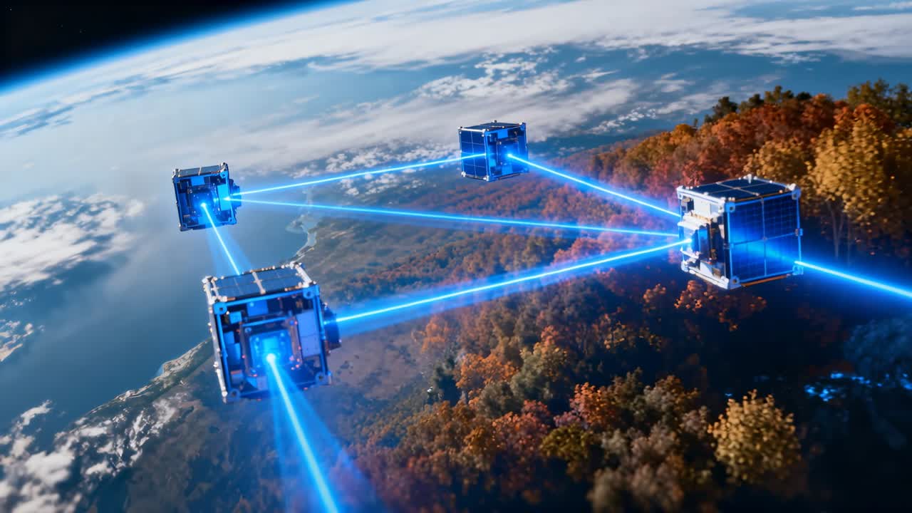 Vista cambiante, la cámara realiza un barrido de cinco CubeSats unidos por haces azules con un haz descendente sobre la costa.