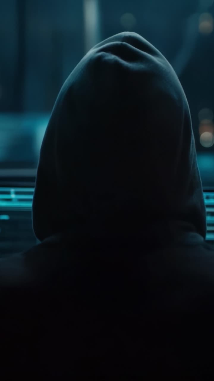 Una figura misteriosa en un entorno oscuro, envuelta en sombras y con una capucha, emana un aura de intriga y enigma contra un fondo de alta tecnología.