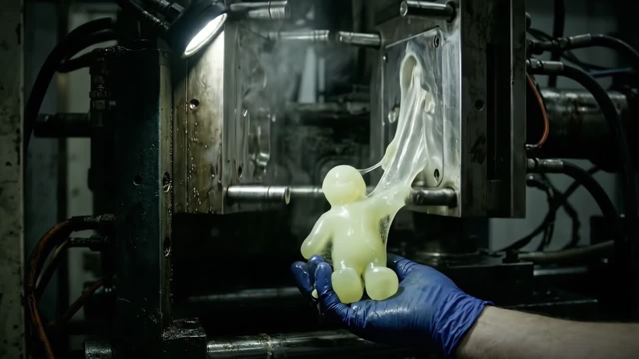 Hand in Glove Removing Soft Yellow Bear Figure from Industrial Mold