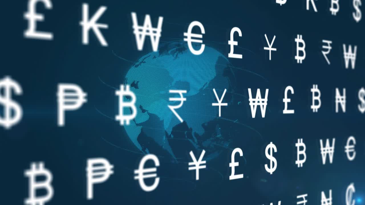 Camera pulling back starting money symbols gliding past rotating dotted globe, showing market links