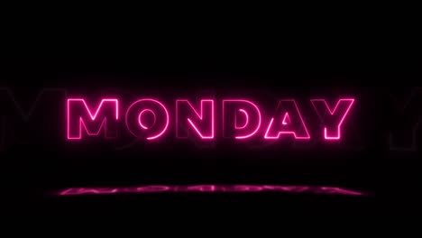 la palabra "lunes" brilla en neón sobre un fondo negro con reflejos en el suelo. letreros de brillo de neón en gráfico de movimiento de bucle sin costuras