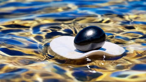 black stone floating on water with a petal