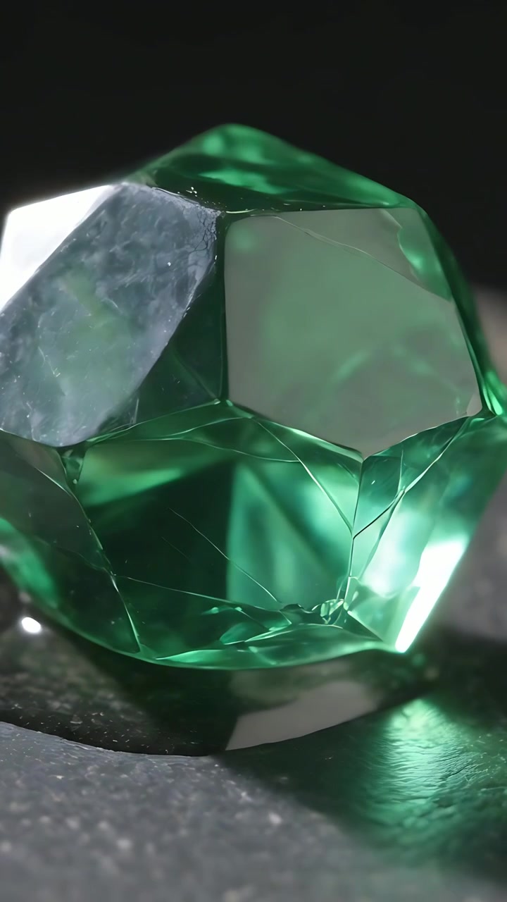 Vertical video: Turning faceted green gem after camera pan on dark table showing cracks, glow