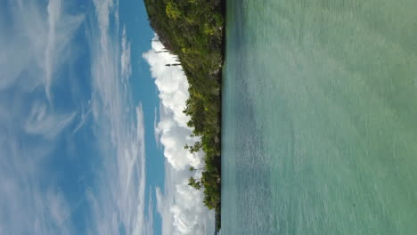 Low-flyover-over-coral-reef-off-beach,-Lifou,-New-Caledonia