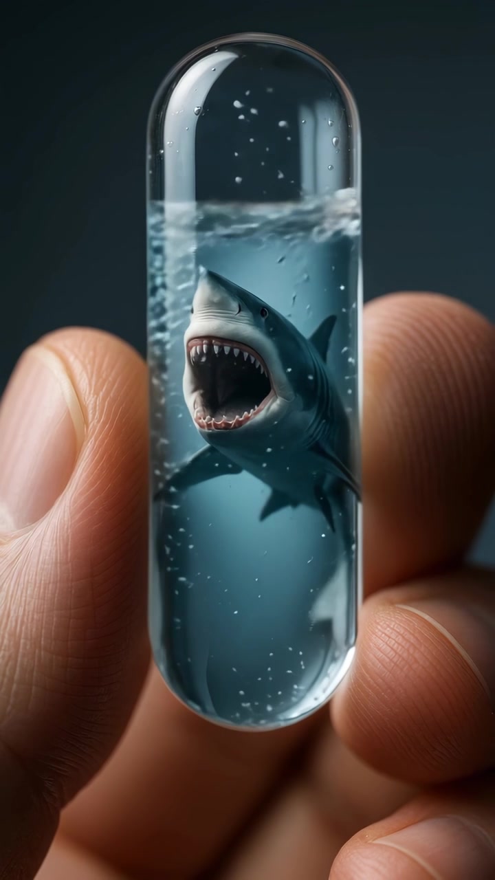 Hand Holding a Capsule with a Miniature Shark Swimming Inside