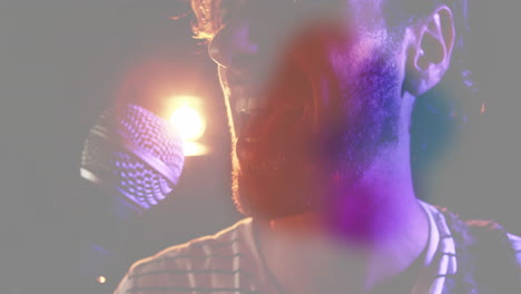 male singer performing on music industry stage, with animated soundwaves and glowing data graphs