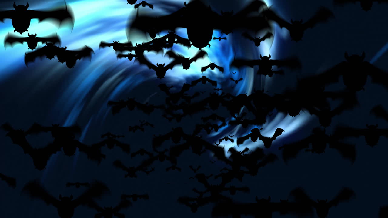 Animazione di pipistrelli che volano e scie luminose blu che girano su sfondo nero