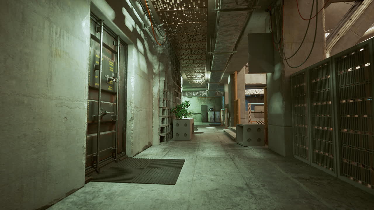 Desolate underground passage illuminated by green glow with industrial elements