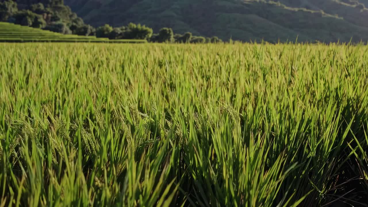 Close-up video of lush green rice field with a low-angle perspective, capturing the vibrant texture