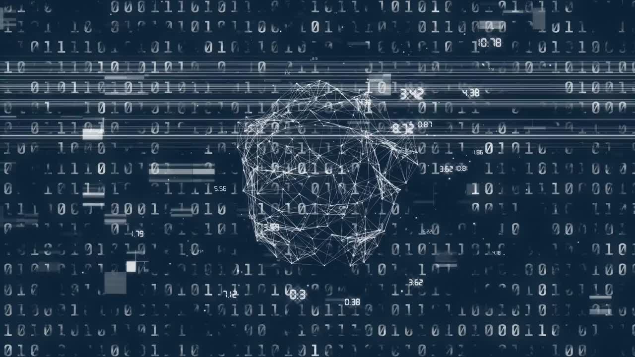 Animation of globe, data processing and binary code on navy background