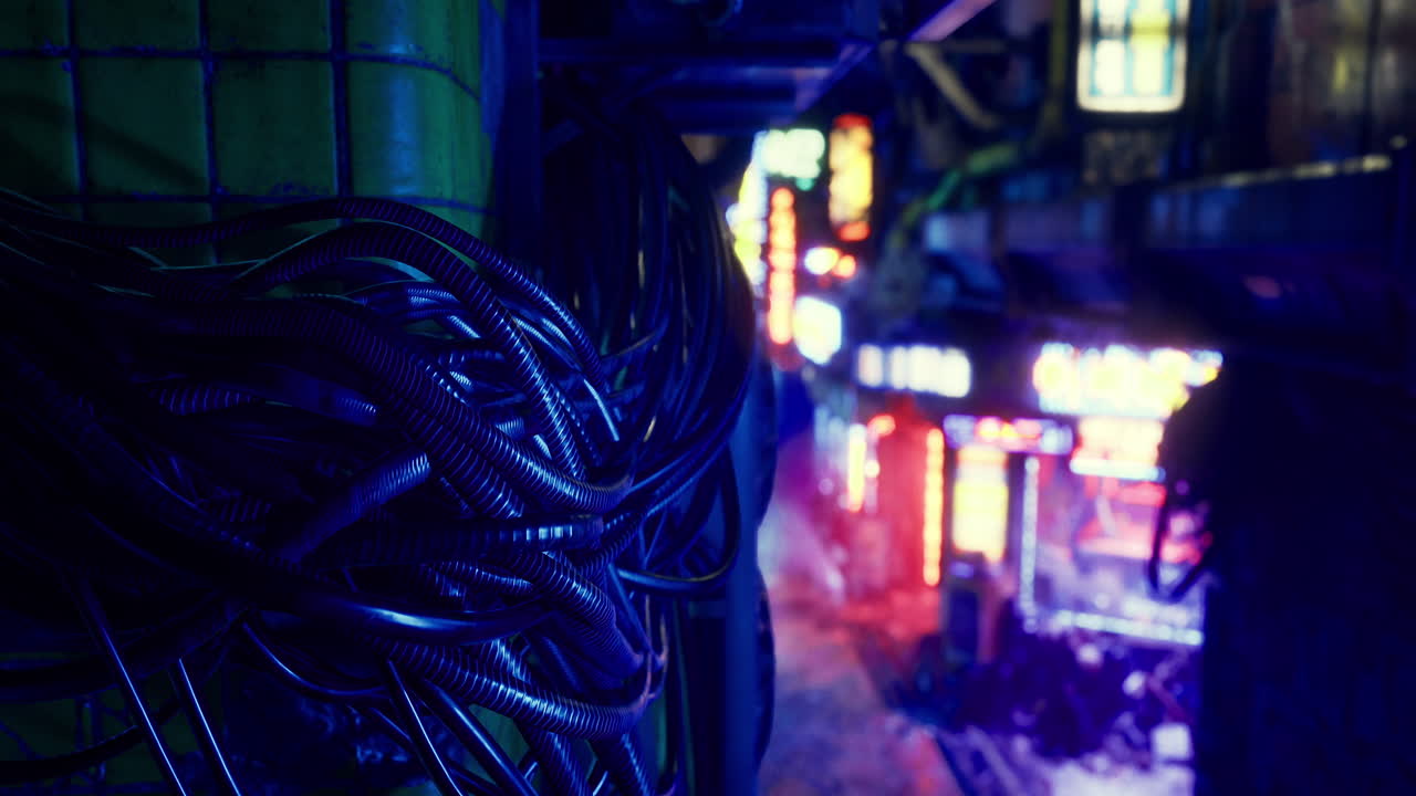 Urban neon glow highlights tangled wires in a vibrant night street