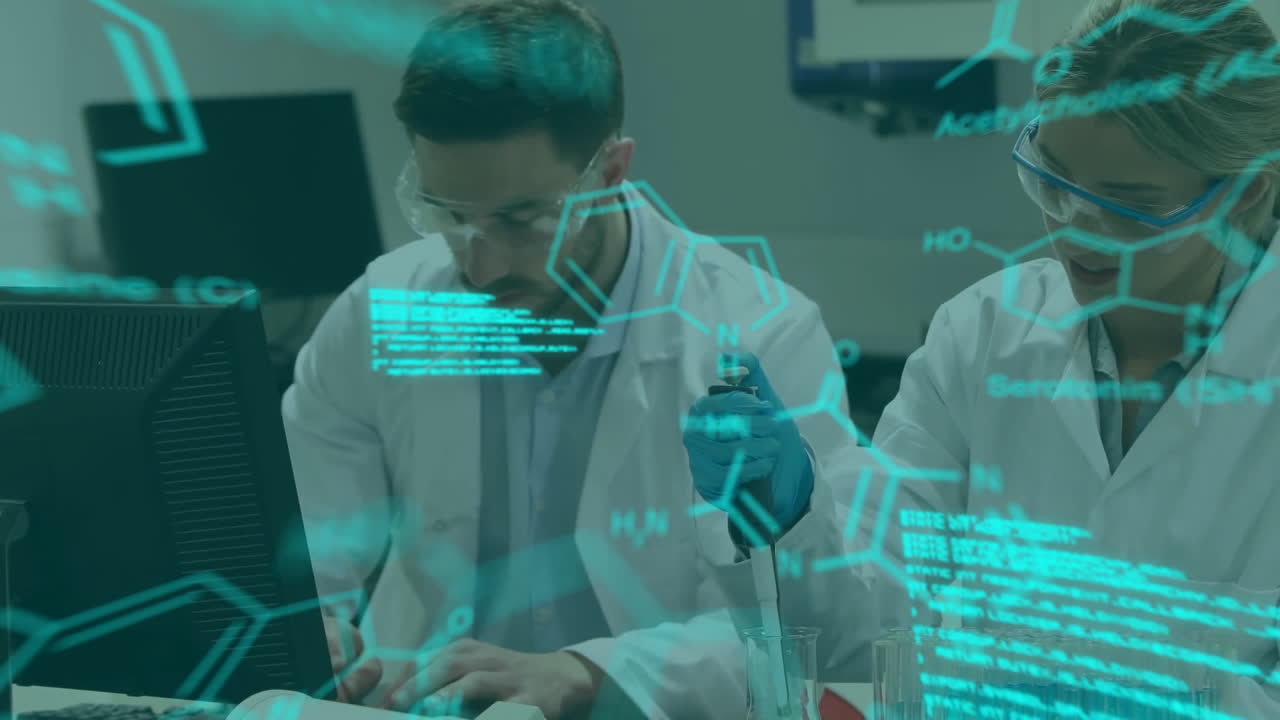animación de procesamiento de datos con fórmula química sobre científico caucásico masculino y femenino en el laboratorio