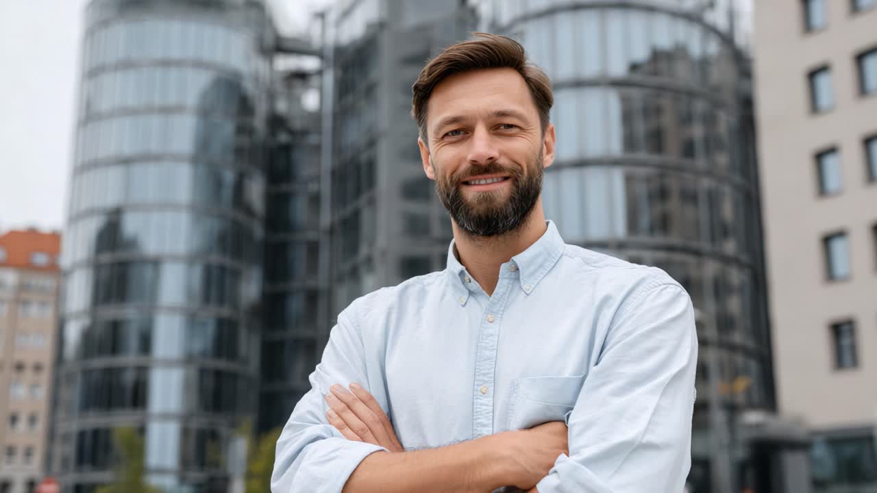 Confident Businessman Posing with Arms Crossed in Front of Modern Urban Architecture, Showcasing Professional Attitude and Contemporary Style