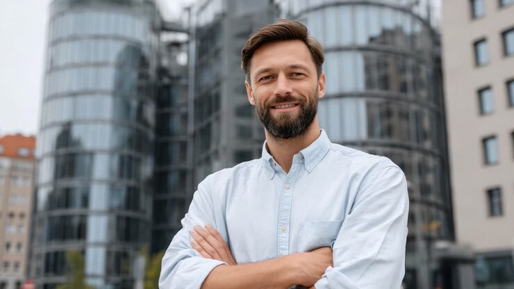 Uomo d'affari sicuro di sé che posa a braccia conserte di fronte ad architetture urbane moderne, mostrando un atteggiamento professionale e uno stile contemporaneo