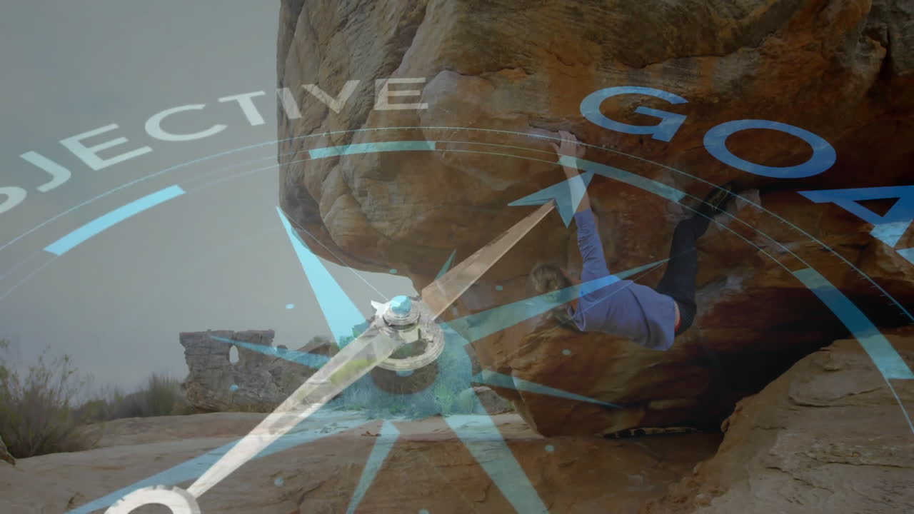 male climber ascending sandstone boulder in desert, featuring compass overlay for business goals