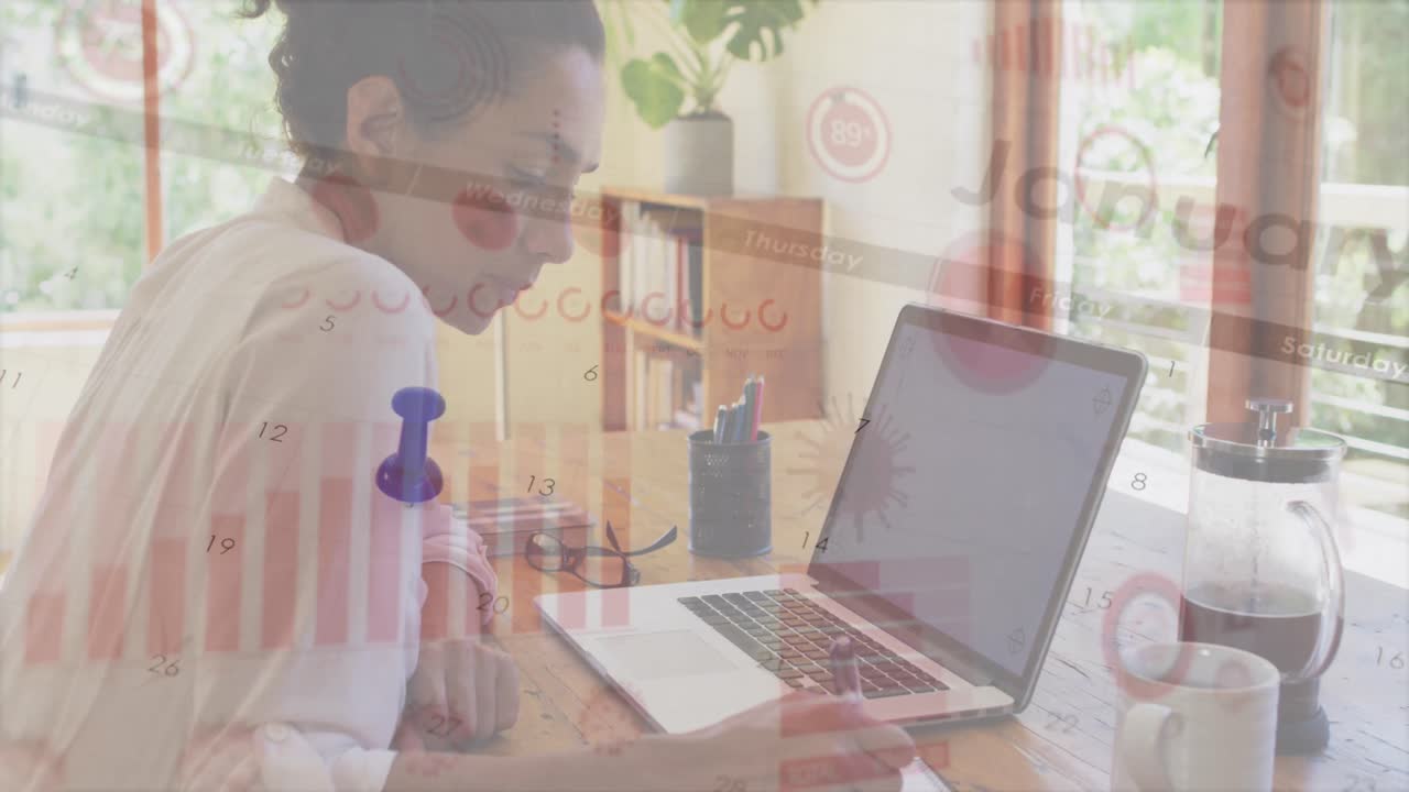 복사 공간이 있는 노트북을 사용하여 이중 인종 여성에 대한 그래프와 바이러스 세포의 애니메이션