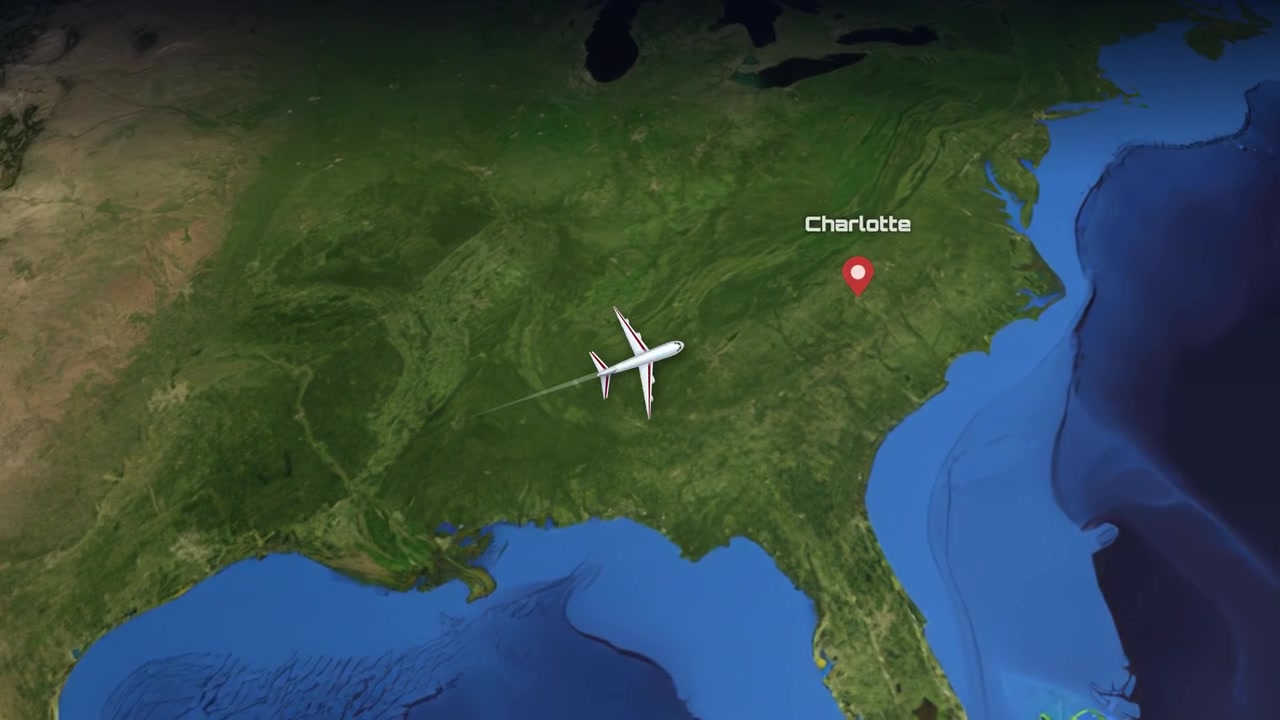 Satellite map animation tracks a commercial airplane flying from Melbourne, Australia to Charlotte, North Carolina