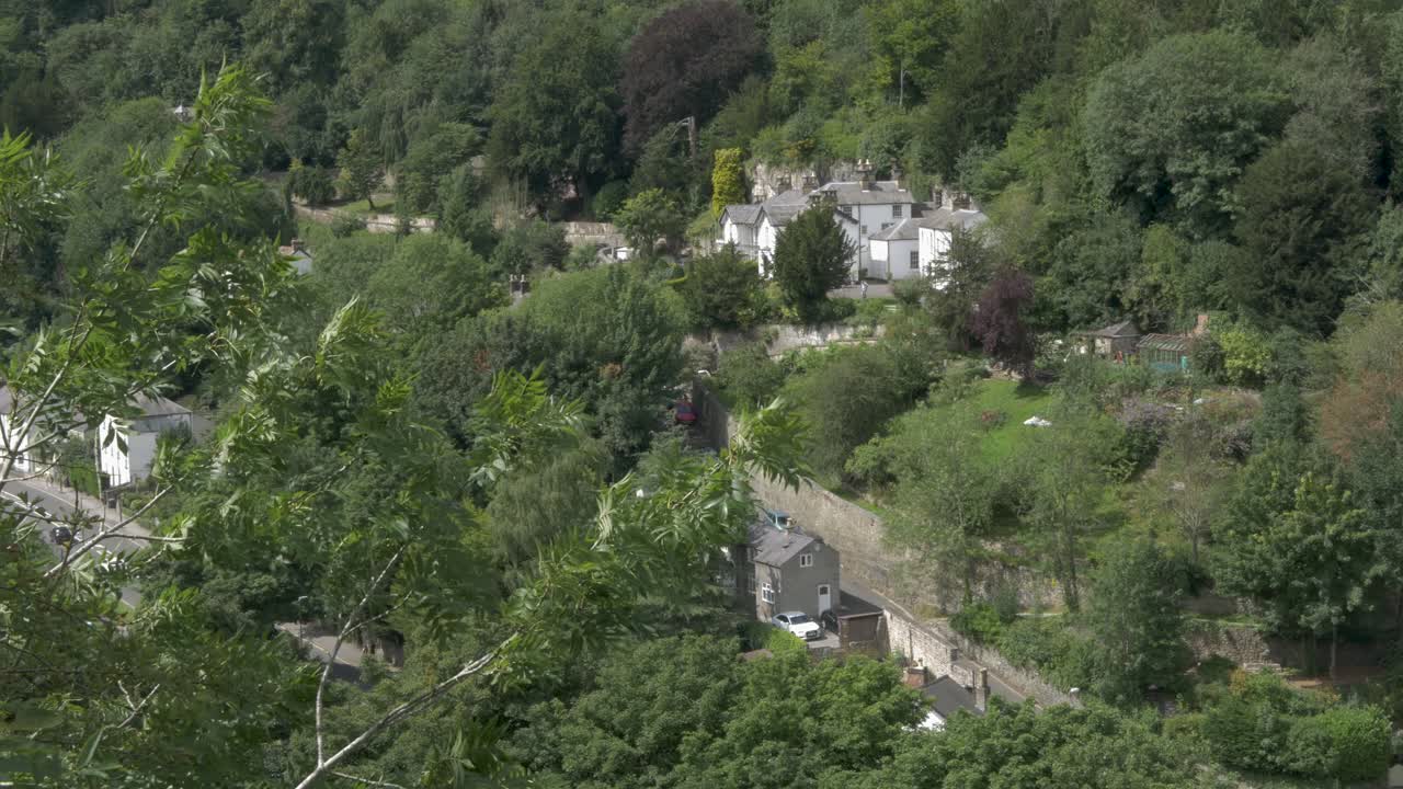 Top view of houses and streets in valley surrounded by vegetation and forest