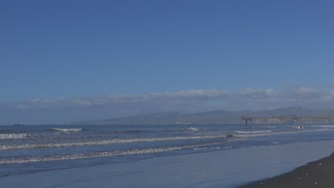 Lone-surfer-walks-through-small-waves-before-pier-and-peninsula---New-Brighton-Beach,-New-Zealand