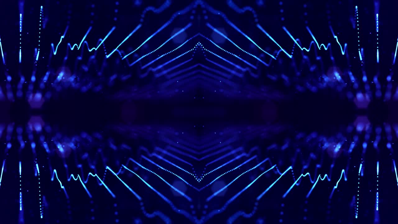 4k looped sci-fi 3d animación abstracta. las partículas azules brillantes forman líneas, estructuras simétricas como en el microworld o el espacio cósmico. para presentaciones de vacaciones, ceremonias como diseño de movimiento de bucle vj