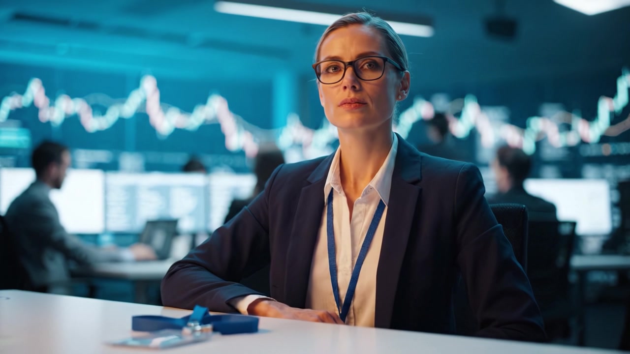 Analista concentrato in un ambiente finanziario che osserva le tendenze di mercato tra display digitali e colleghi in un contesto d'ufficio professionale e dinamico