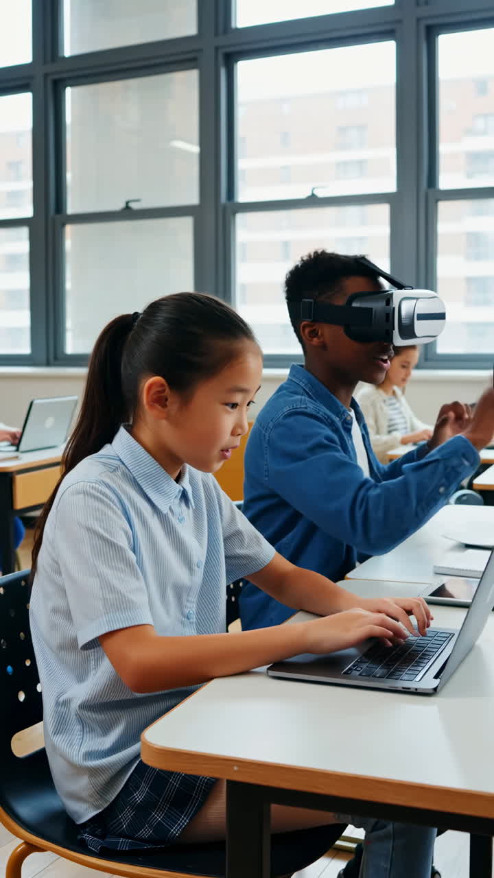 Students engaging with virtual reality and laptops in a modern classroom