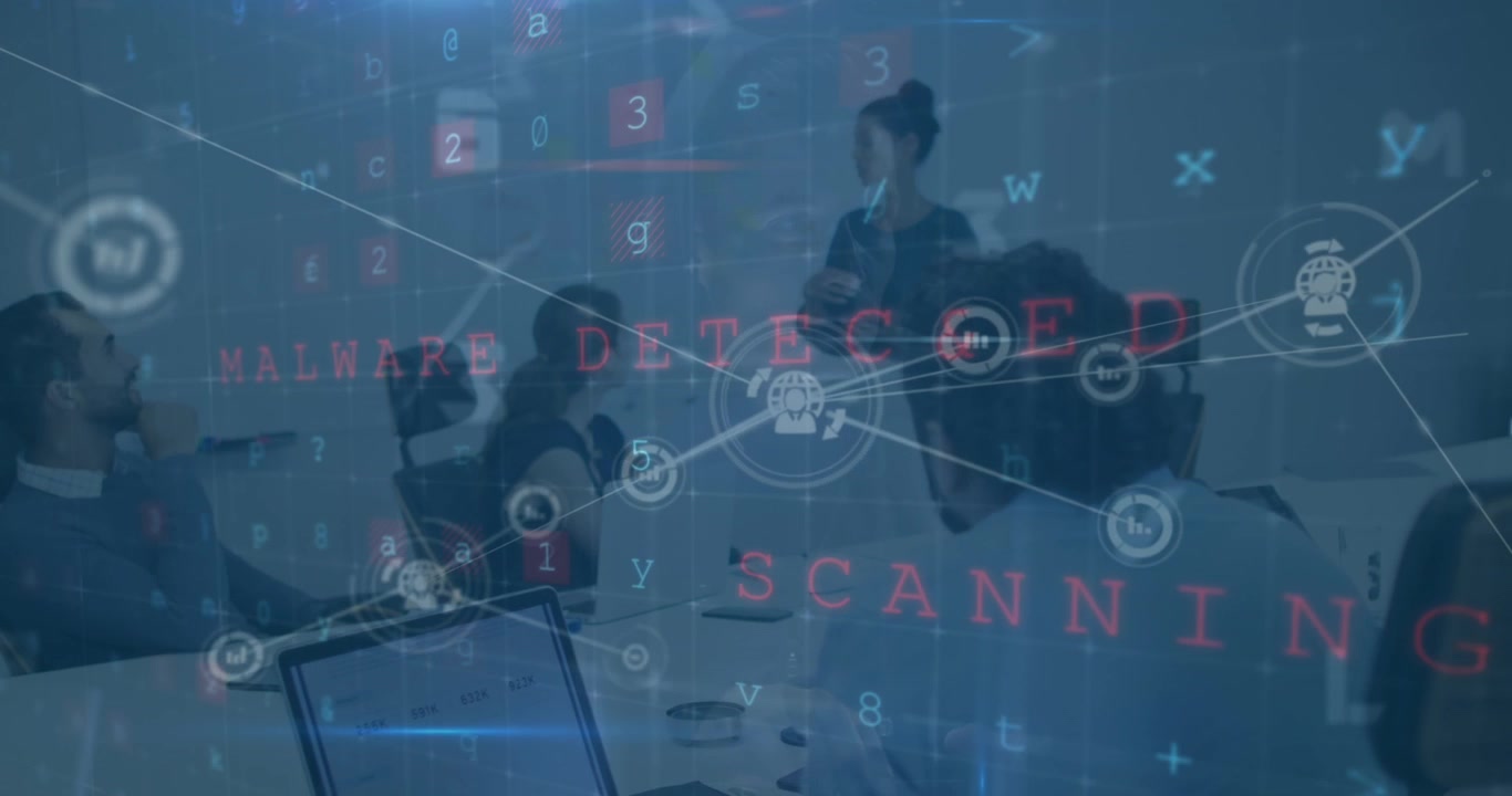 Animation of data processing and connections over diverse business people having meeting at office