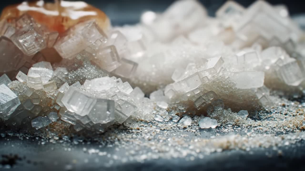 Close-Up of Crystalline Structures with Varying Textures and Liquids Highlighting the Complex Beauty of Natural Minerals in an Artistic Presentation